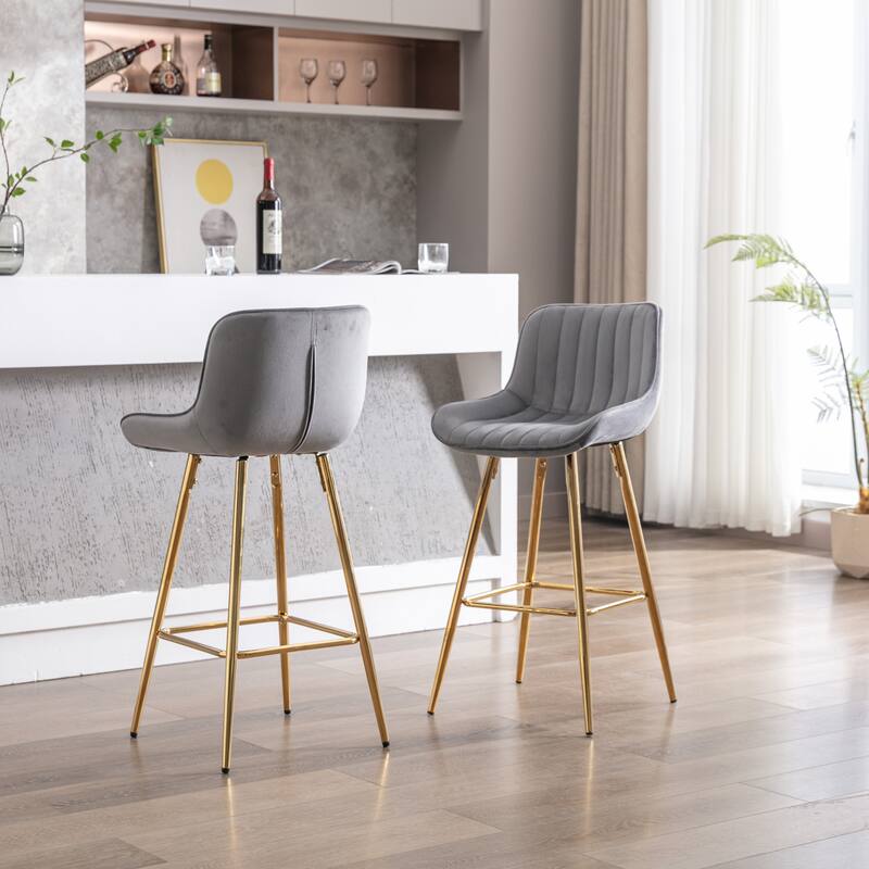 26 Inch Set of 2 Bar Stools,with Chrome Footrest Velvet Fabric Counter Stool Golden Leg Simple Bar Stool