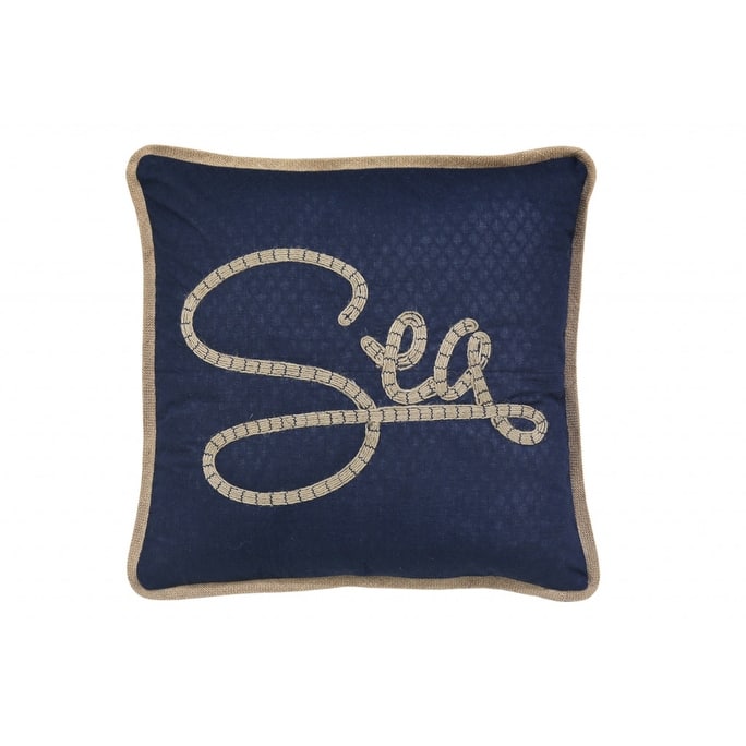 HomeRoots 17" X 17" Navy Blue And Brown Text Zippered Polyester And Burlap Blend Throw Pillow With Embroidery