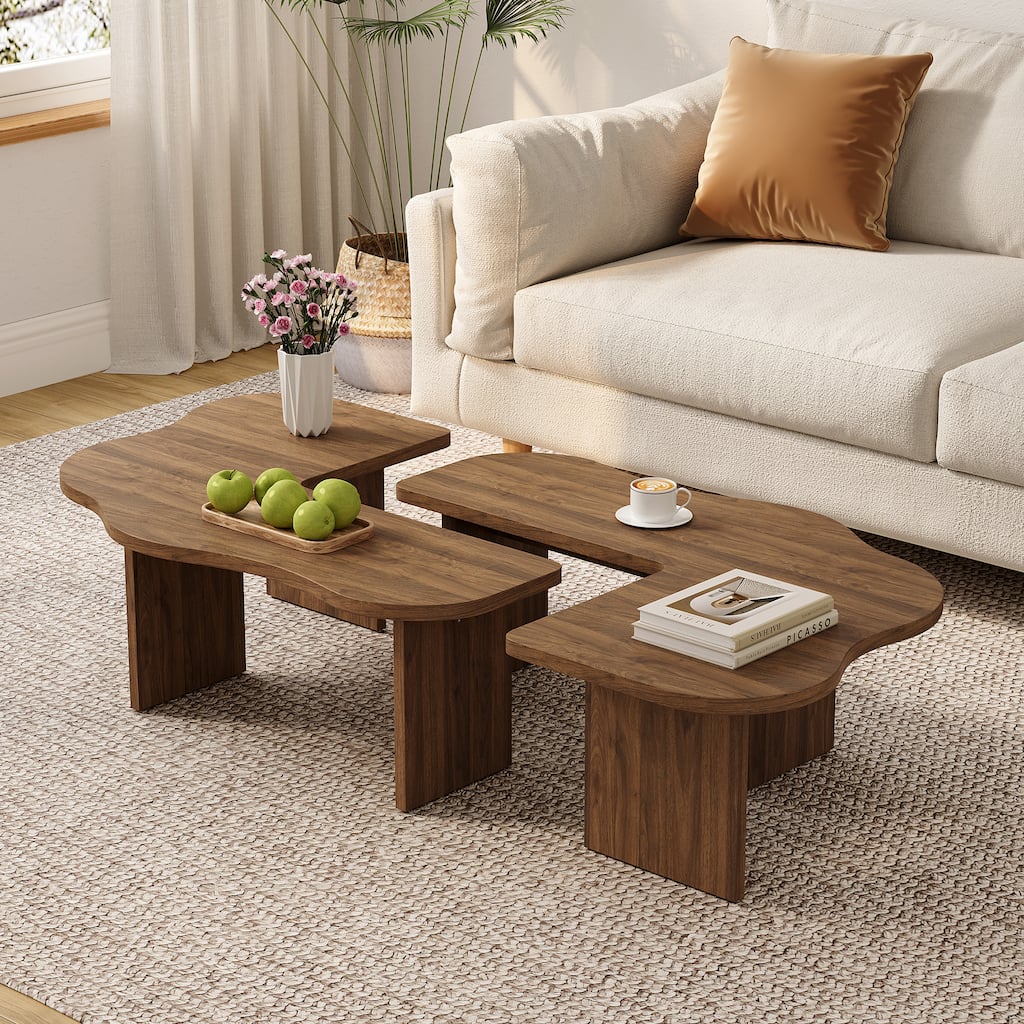 Mid-Century Modern Irregular Cloud 2-Piece Modular Coffee Table - Brown Wood, Living Room Center Table