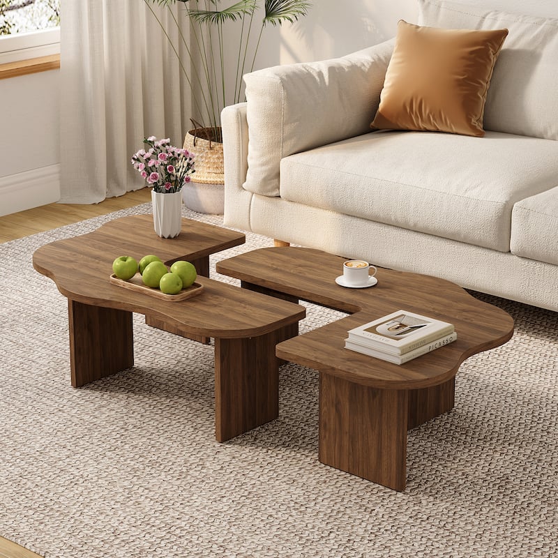 Mid-Century Modern Irregular Cloud 2-Piece Modular Coffee Table - Brown Wood, Living Room Center Table - Wood