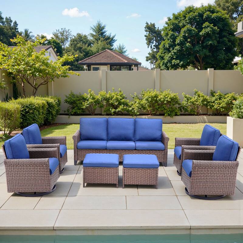 Pocassy Outdoor Sofa Swivel Chairs Patio Chair Funiture Set - 7PCS Sofa Swivel Chair w/ Ottoman - Brown Wicker Beige Cushion