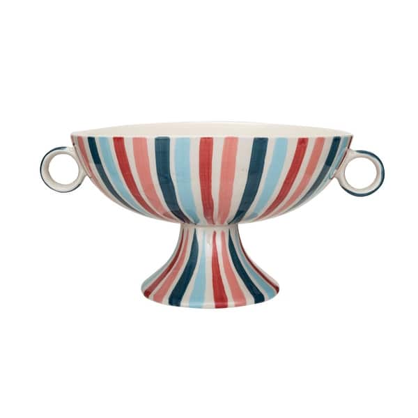 slide 2 of 4, Hand-Painted Stoneware Footed Bowl with Handles and Stripes - 13.0"L x 9.8"W x 6.0"H - 13.0"L x 9.8"W x 6.0"H Multi