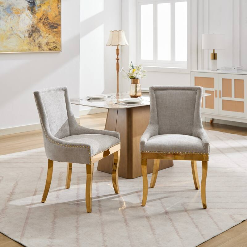 Chenille Dining Chairs with Curved Gold Legs (Set of 2 ) - Beige