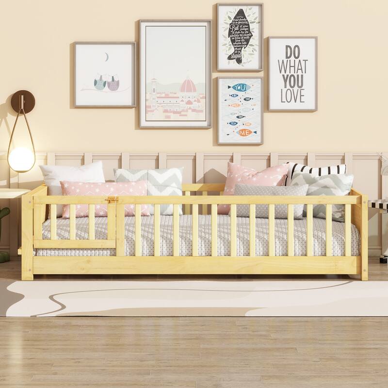 Twin Size Floor Bed with Built-in Book Rack and Door,Natural