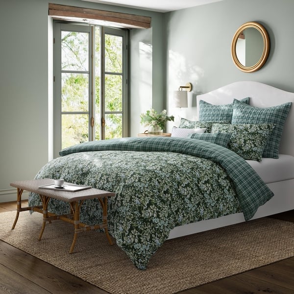 slide 2 of 12, Laura Ashley Bramble Floral Cotton Green Duvet Cover Bonus Set