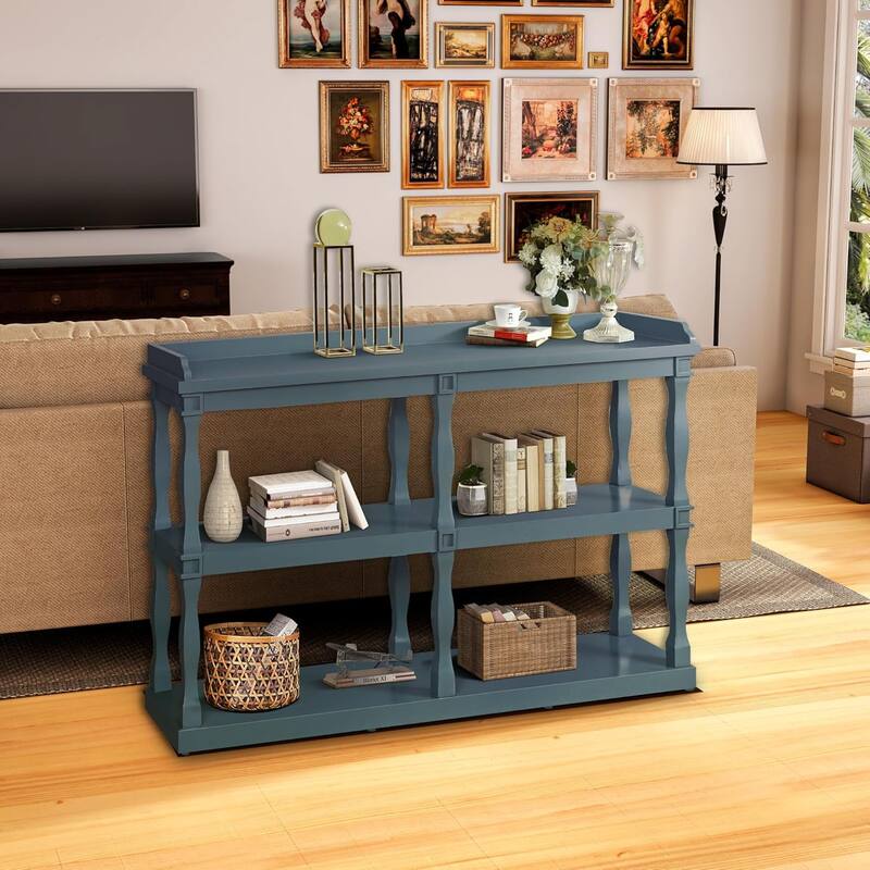 Roomfitters Console Table with 3-Tier Open Storage Spaces and Roman Column Effect Support Legs - Navy Blue