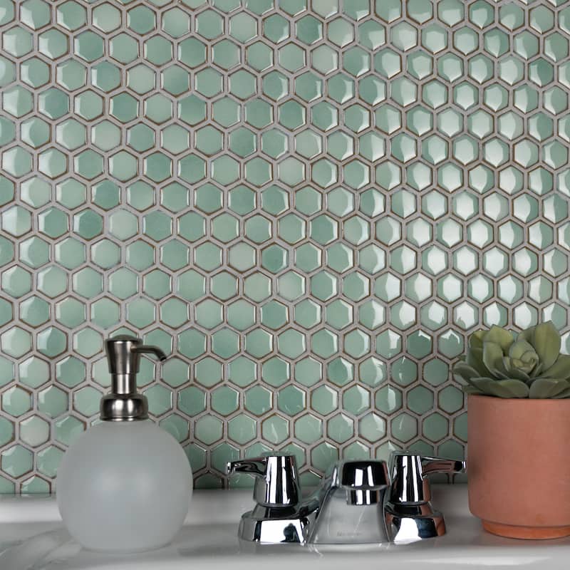 Merola Tile Hudson 1" Hex Mint Green 11-7/8" x 13-1/4" Porcelain Mosaic Floor and Wall Tile