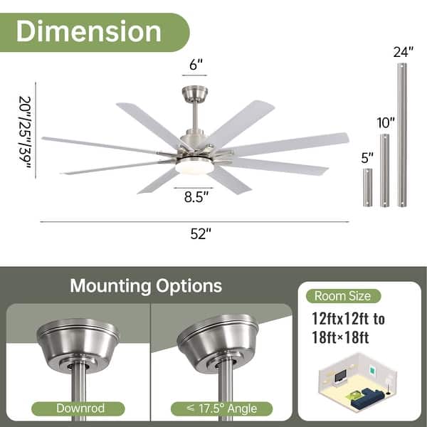 dimension image slide 1 of 19, Sofucor 52/66/72/76/84Inch Large Ceiling Fan with Dimmable LED Light ,Remote&APP Control,8 Blades for Large Living Room,Porch
