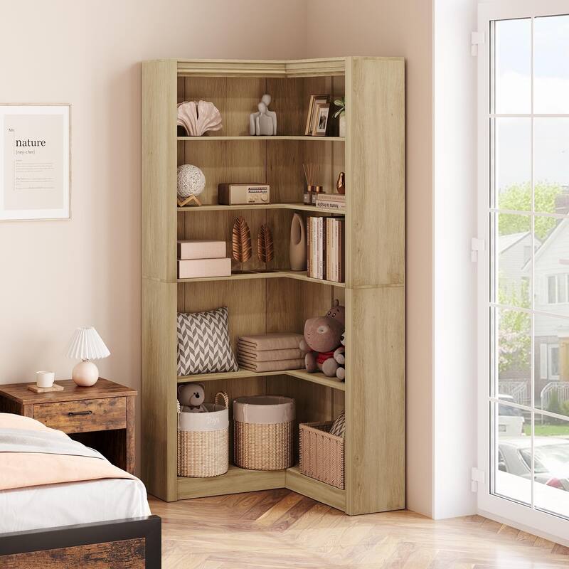 71.8" Tall Corner Bookshelf, 5-Tier L-Shaped Corner Bookcase, Modern Industrial Wood Display Storage Shelves for Living Room