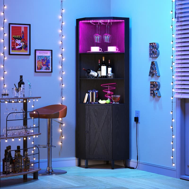 5 Tiers Corner Bar Cabinet Wine Rack Display Shelves with LED Lights and Glass Holder