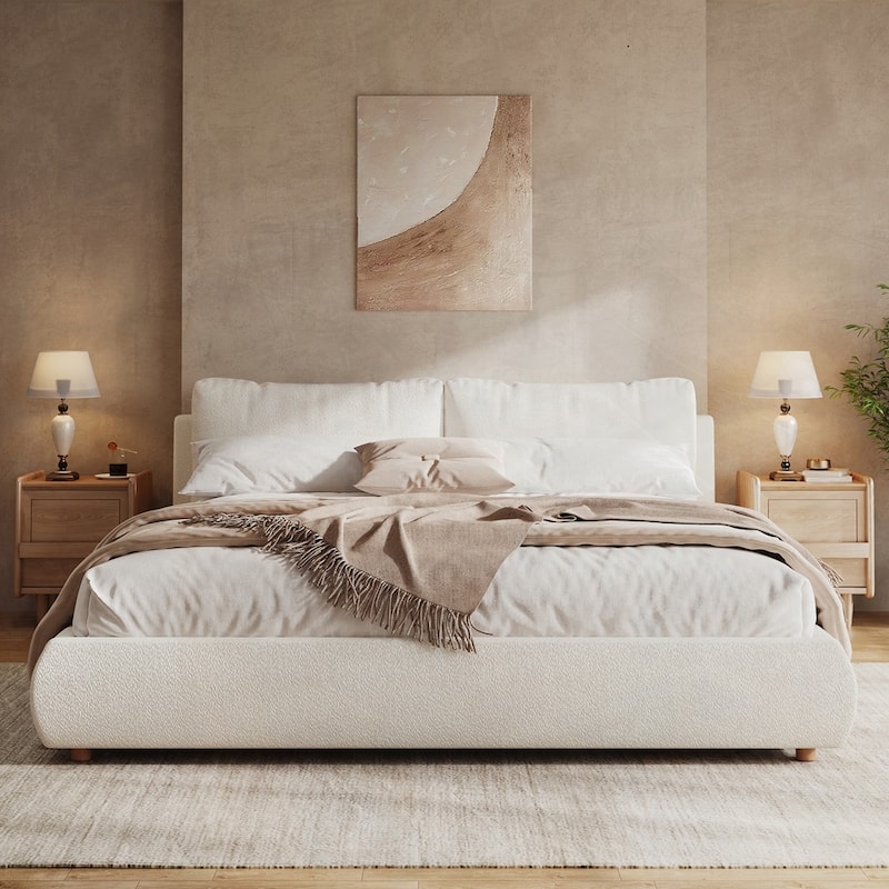 Upholstered Platform Bed with Curve-Shaped Design Headboard