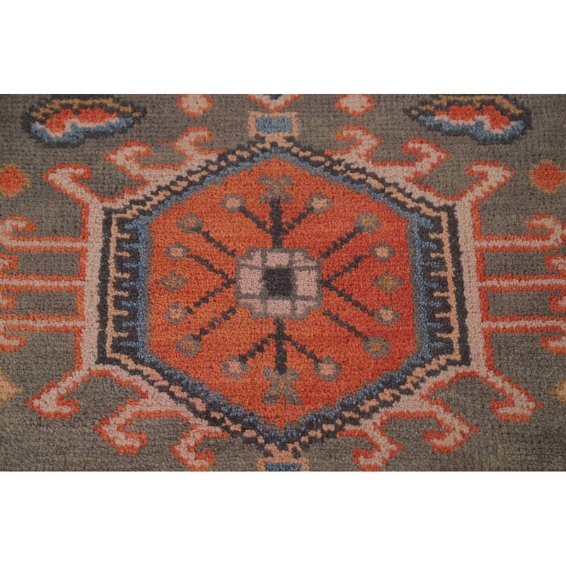 Geometric Kazak Runner Rug Handmade Grey Wool Carpet - 2'6"x 9'10"