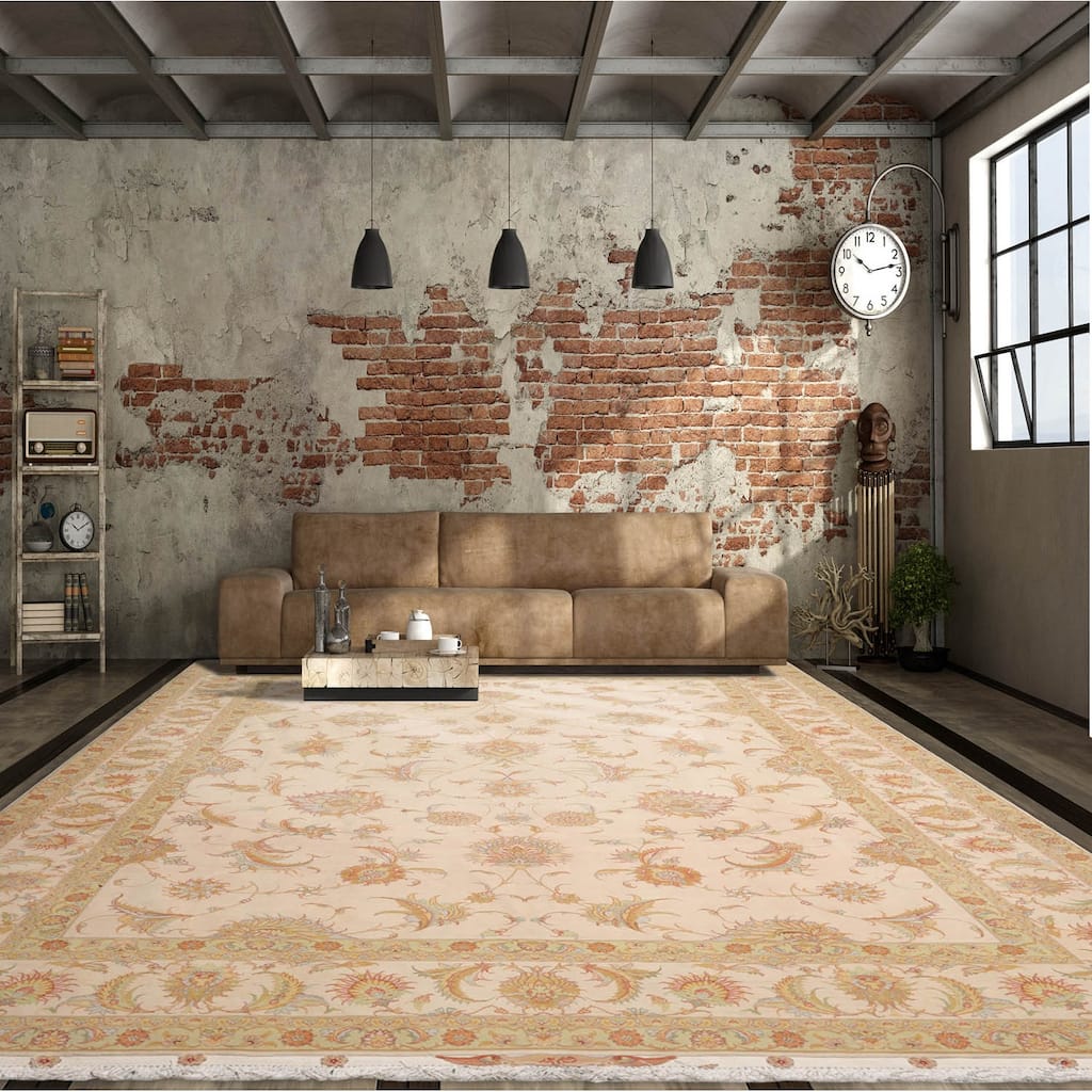 Hand Knotted Ivory Persian Wool & Silk Traditional Oriental Area Rug - 8' 1'' x 11' 9''