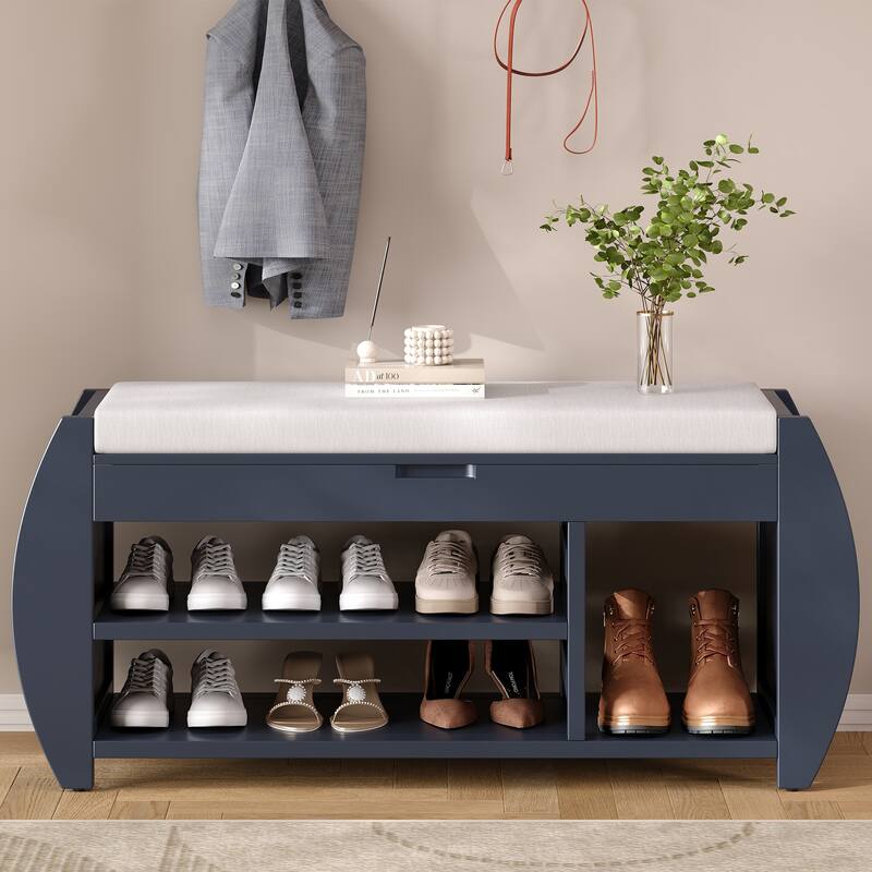 Shoe Bench 2-Tier Storage Bench with Cushion & Curved Side Holder, Wooden Panel Shoe Rack Organizer for Entryway, Living Room
