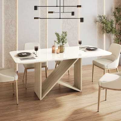 6 Seater Italian-Style Dining Table With Painted Glass Top & Elegant Wooden Base