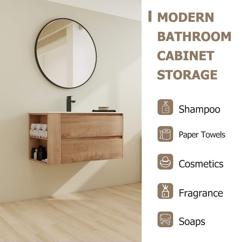 Bathroom Vanity With Sink In 30/36 Inch, Floating Bathroom Vanity With Soft Close Drawers and adjustable shelves