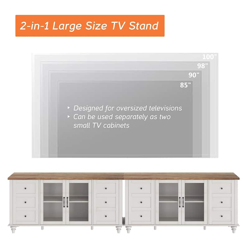 WAMPAT Farmhouse 2 in 1 TV Stand with Glass Door for up to 110" TVs, Modern Entertainment Center with LED Light - 116''