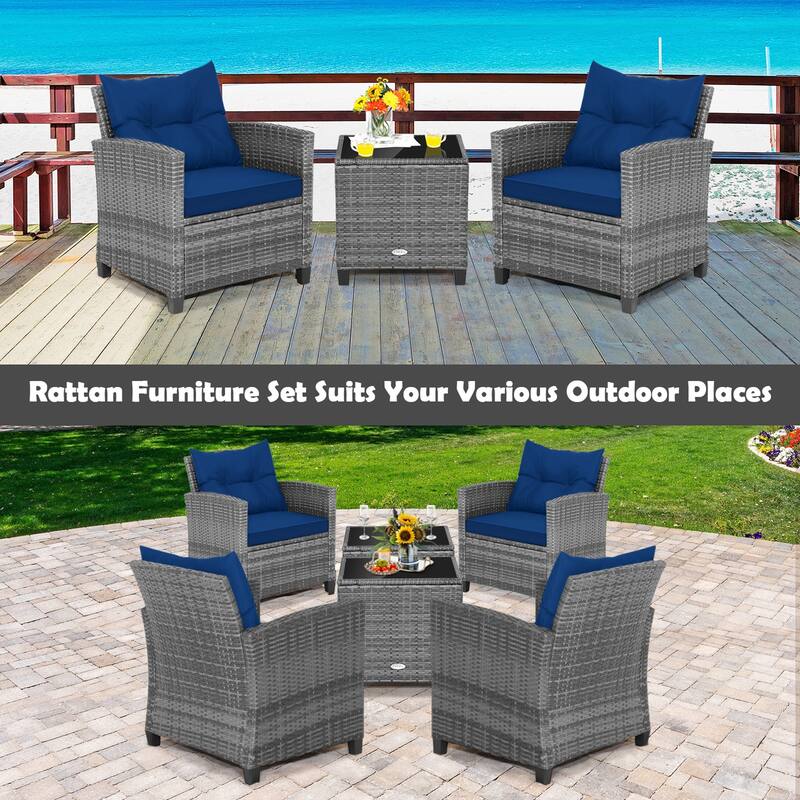 Costway 3PCS Patio Rattan Furniture Bistro Set Cushioned Sofas Side - See Details