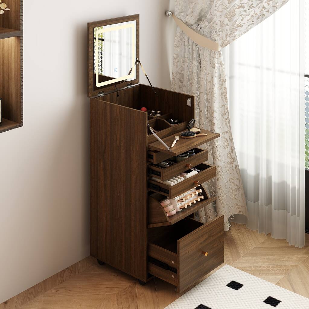Rolling Makeup Vanity Cabinet with LED Light Mirror, Walnut Tall Dresser with 9-Grid Organizer, Drawers & Tilt-Out Storage