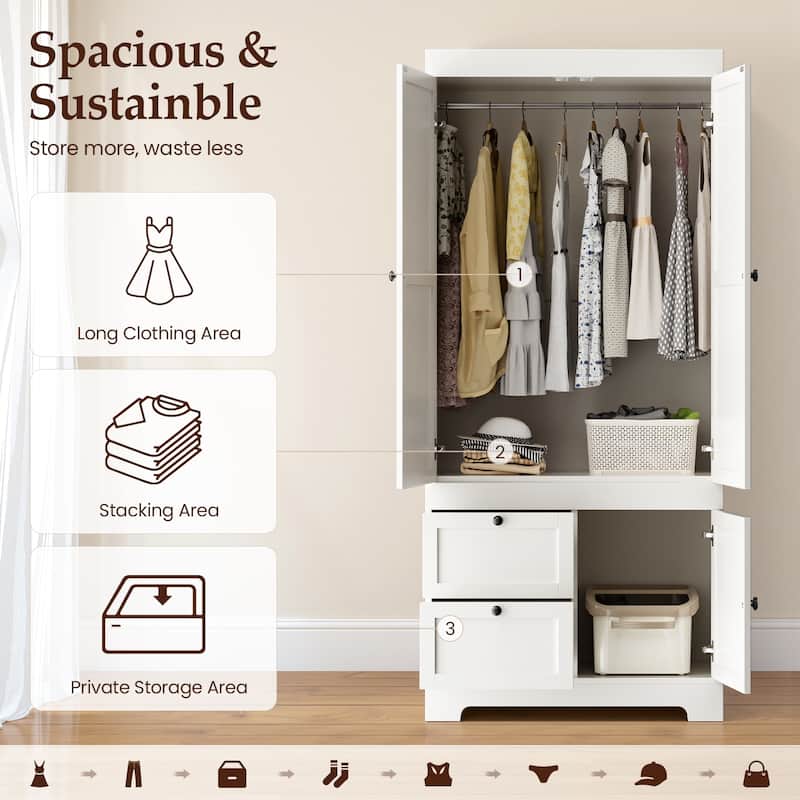 Pocassy 71" H Wardrobe Closet with Drawers with Doors and Storage