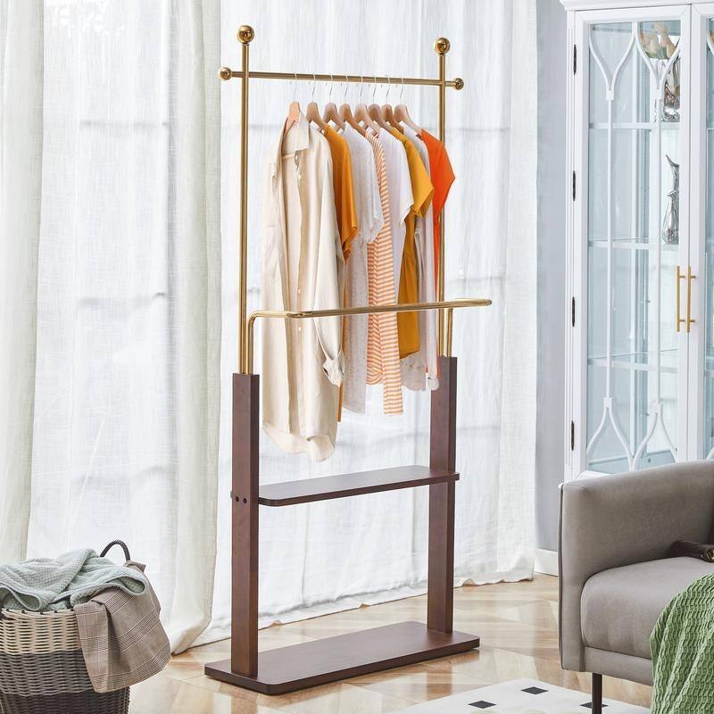 68.9" Walnut and Gold Steel Coat Rack,Double Layer Solid Wood Design