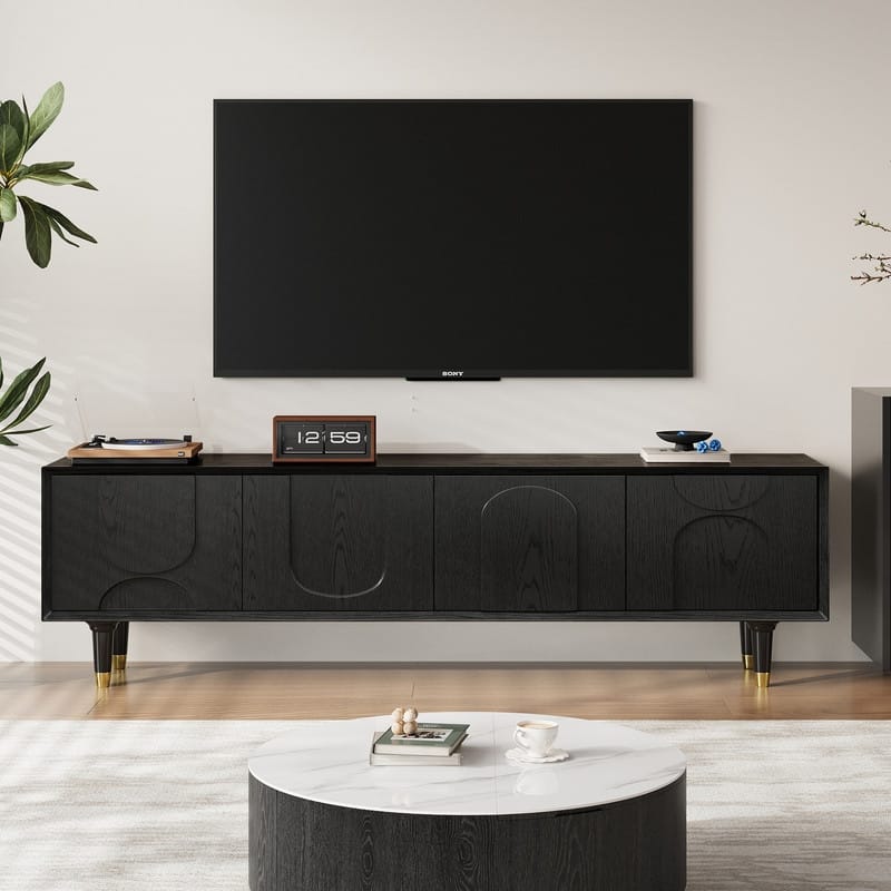 71" Black Mid-Century Modern TV Stand for 75 Inch TV, Media Console Entertainment Center with 4 Doors and Solid Wood Legs