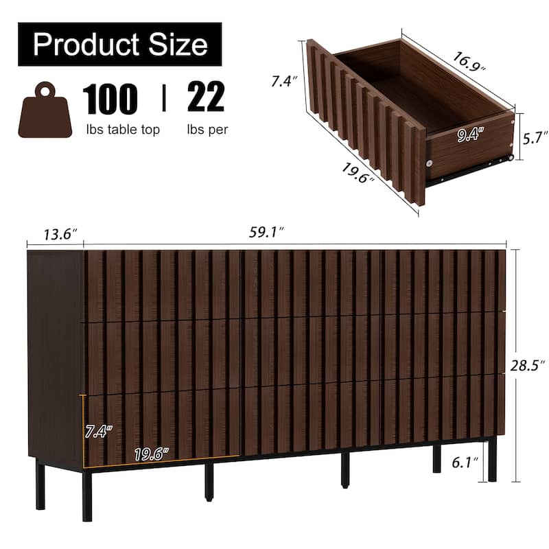 Fluted 9 Drawer Dresser 59" Wide Boho Chest of Drawers