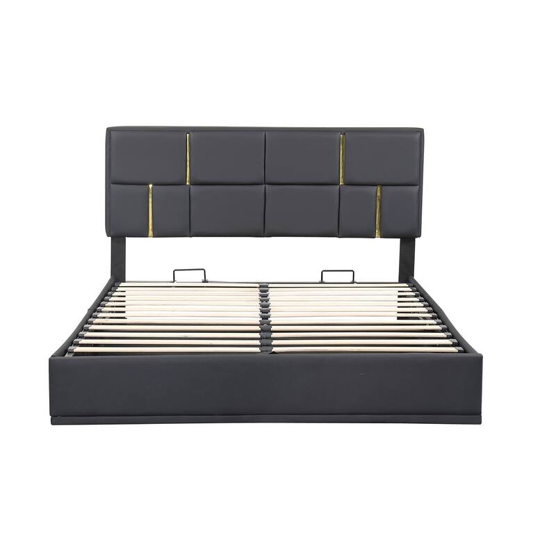 Queen Size Hydraulic Storage Platform Bed with Rectangular Pattern Headboard & Storage Underneath, Noise Free Bed Frame