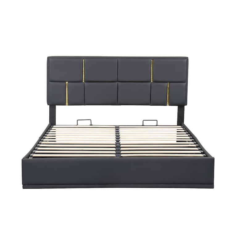 Queen Size PU Platform Bed with Gold-Trim Headboard And Hydraulic Storage, 500lb Capacity