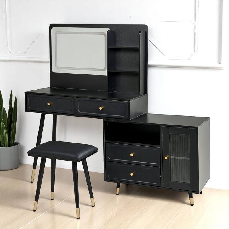 Makeup Vanity with Mirror, LED Light Modes, Built-in Charging Ports, Drawers & Cabinet, Compact Adjustable Desk