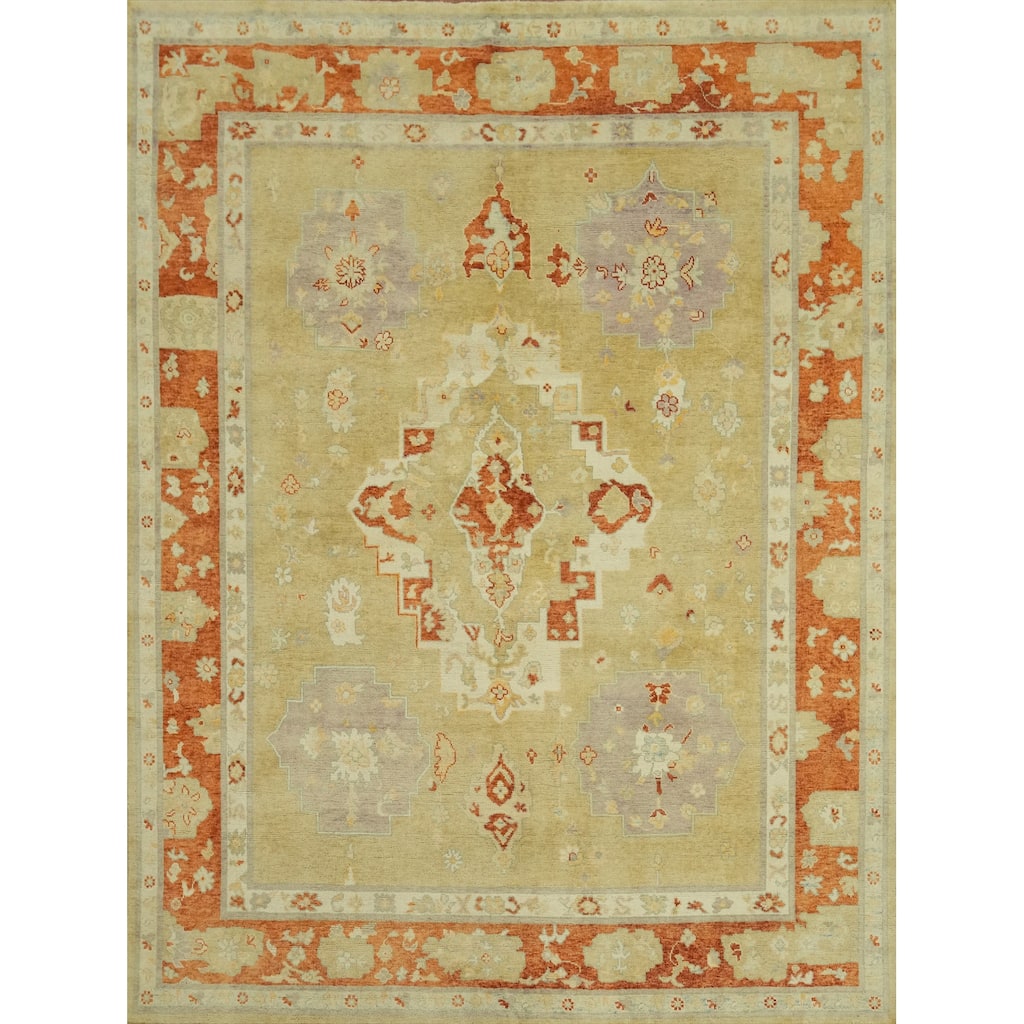 Vegetable Dye Wool Oushak Turkish Area Rug, Floral Geometric Carpet - 10' 0'' X 8' 4''
