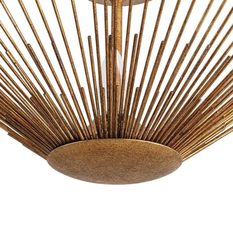 3-Light Vintage Luxe Gold Leaf Sunburst Semi Flush Ceiling Light