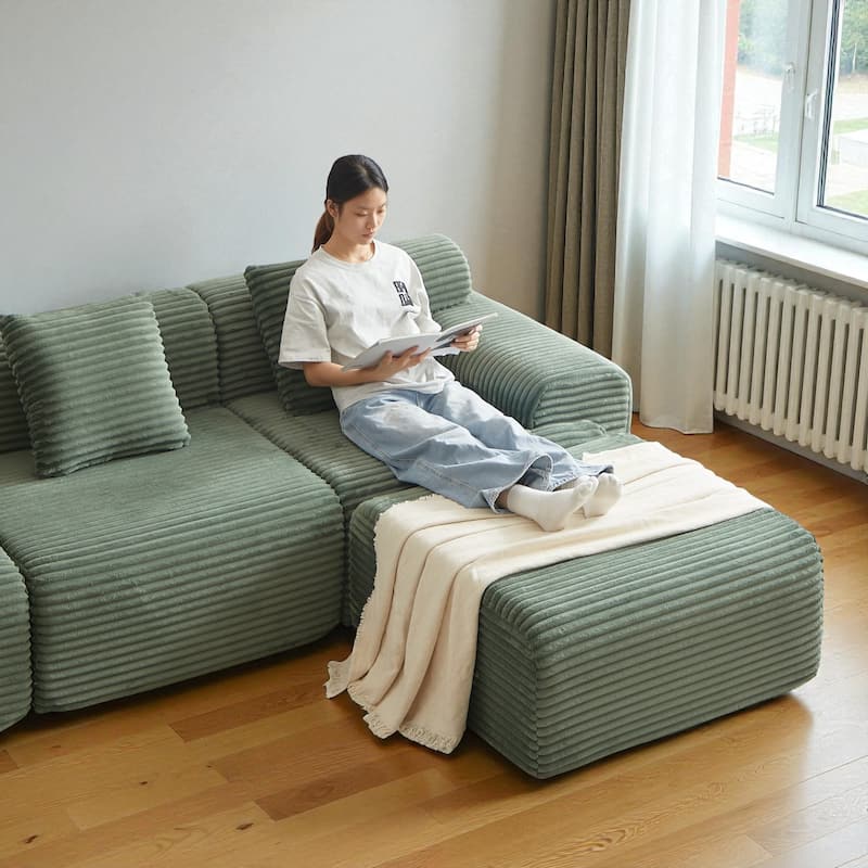 114" Corduroy Modular Sectional Sofa, Boneless Design with 4 Configurable Modules, Wide Backrest & 3 Pillows, No Assembly