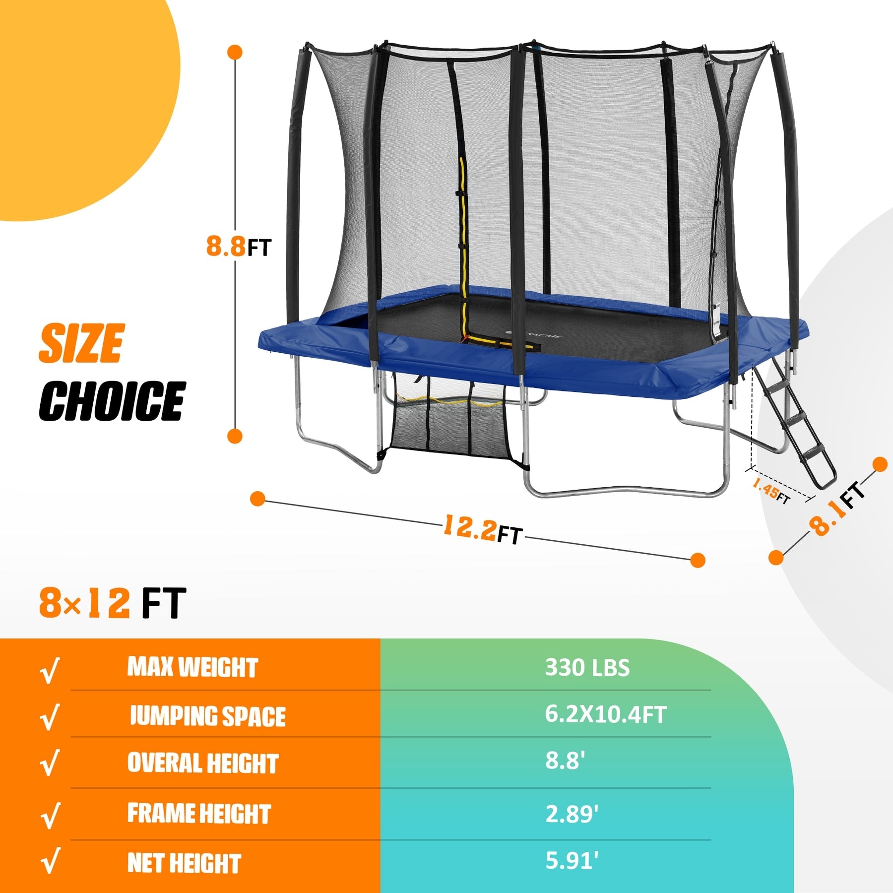 Exacme 7X10 8X12 9X14 Foot Rectangle Trampoline for Kids, Double