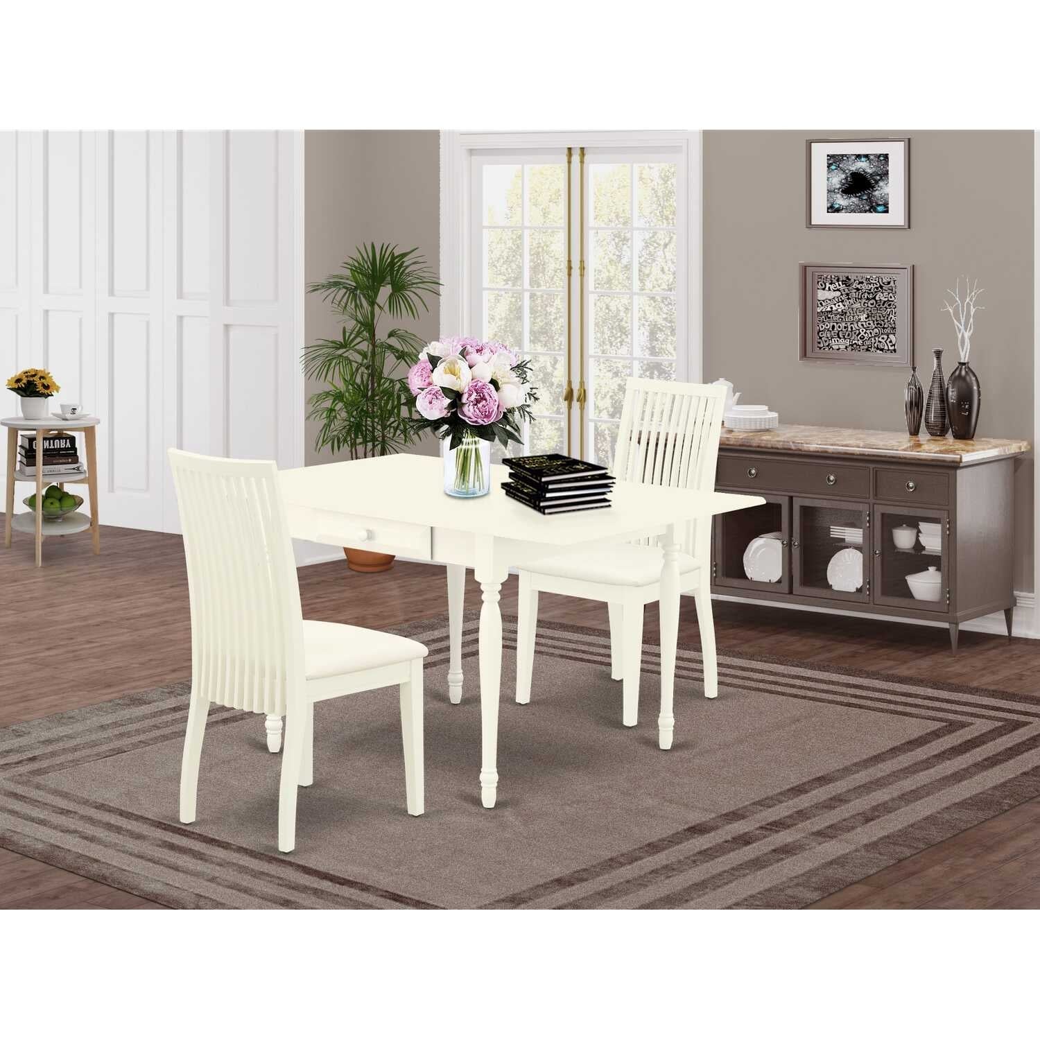 HomeStock 3-Pc Linen White Finish Solid Wood Top With Dropleaf Dining Table Set