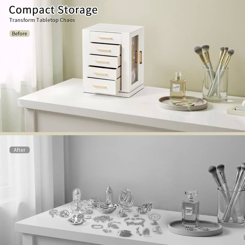 FCH Quad View with Storage 5 Drawers Rotatable White Cabinet Pink Velvet Jewelry Case