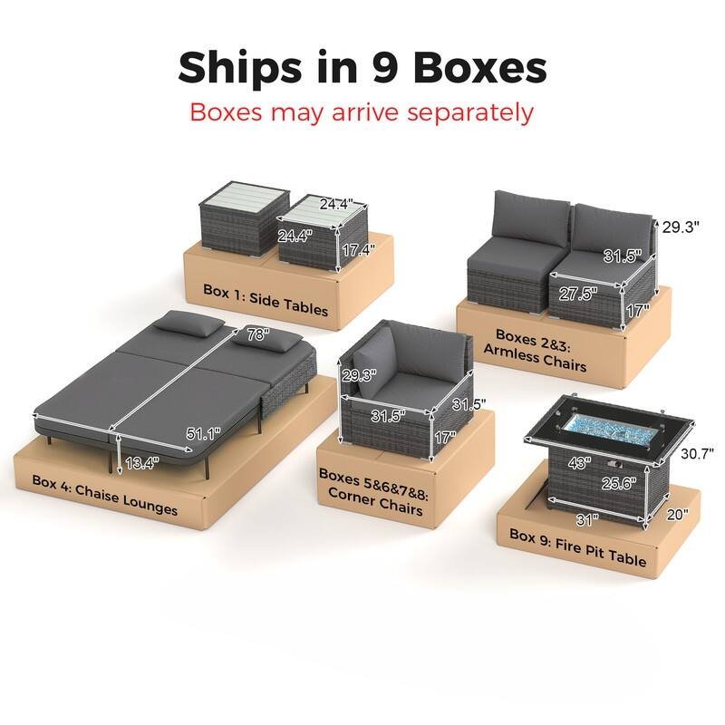 Outdoor Sectional Conversation Set PE Wicker with Double Chaise Lounge, 60,000 BTU Fire Pit Table