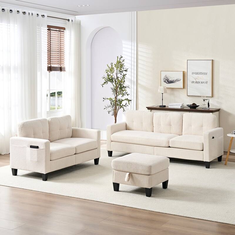Mixoy 76'' L-Shaped Sofa Set,Corduroy Sectional Sofa,Mid Century 3-Seater Sofa with Storage Ottoman/Loveseat/Single Sofa