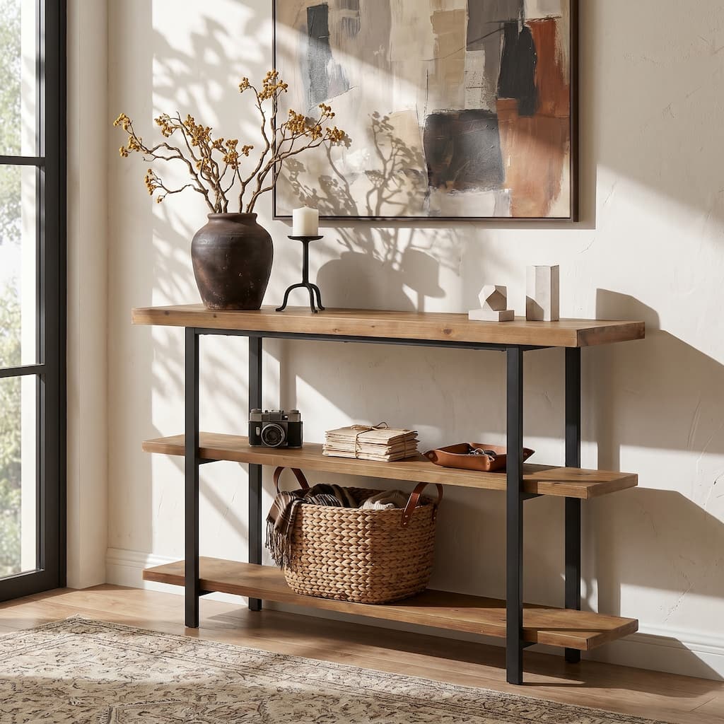 63" Solid Wood Console Table with 3-Tier Storage Shelves, Industrial Sofa Table