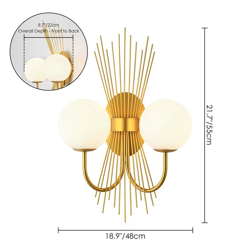 18.9" W 2-Light Mid-Century Modern Brushed Gold Sunburst Sputnik Wall Sconce with Milk Glass Globes