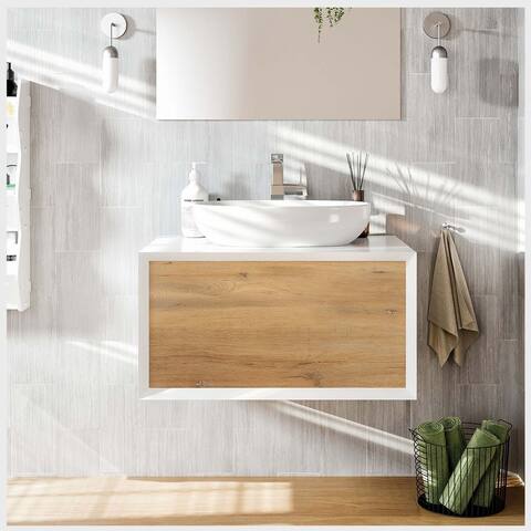 Eviva Santa Monica 36 inch White Oak Wall Mount Bathroom Vanity with Solid Surface Vessel Sink