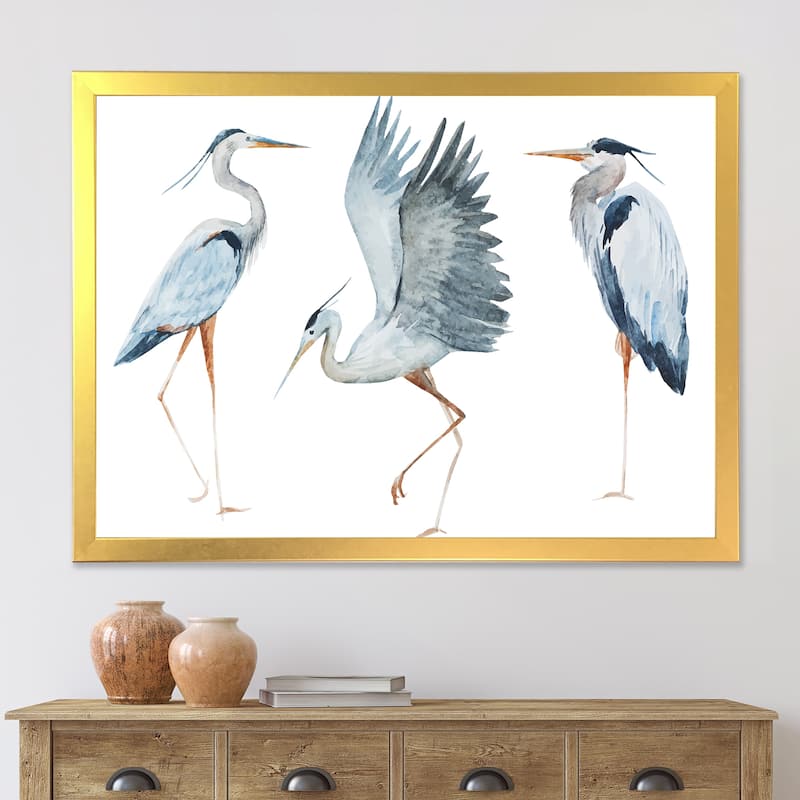 Designart "Heron Birds II" Traditional Framed Art Print - 20 In. Wide x 12 In. High - Gold