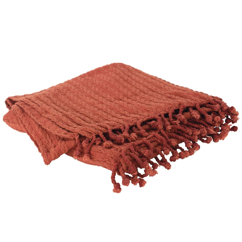 HomeRoots 50" X 60" Burnt Orange Cotton Knitted Striped Throw Blanket with Tassels