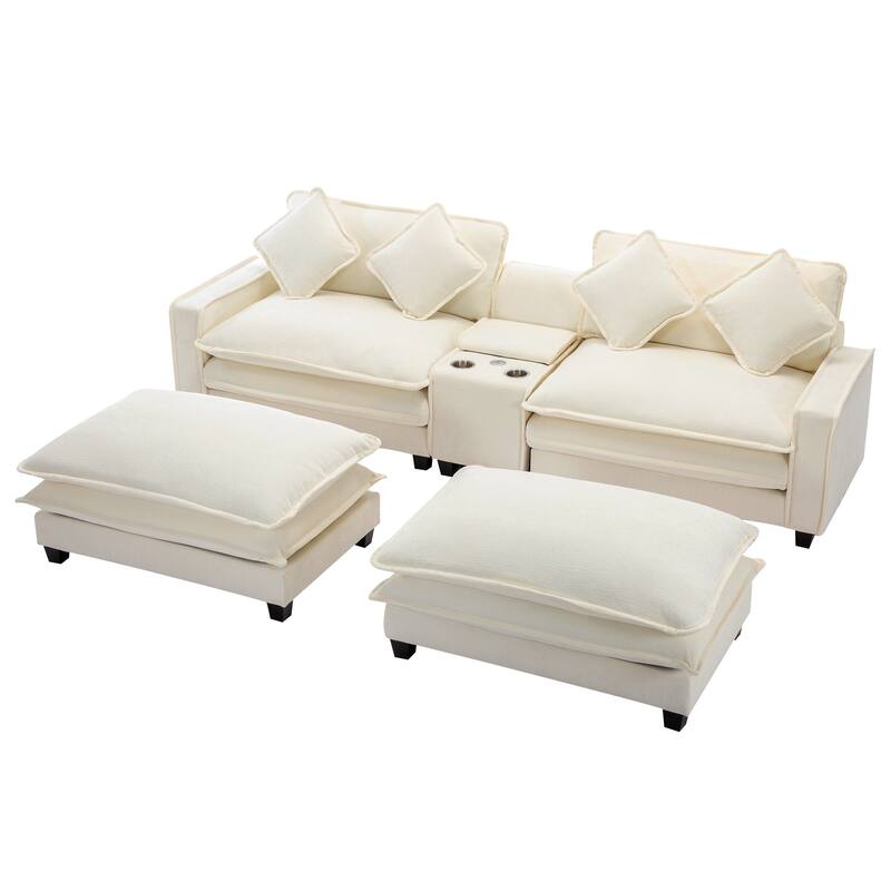 111" Chenille Sectional Sofa with 2 Ottomans, USB Ports and Storage - 4-Seater and Pocket Spring Cushions Cup Holders