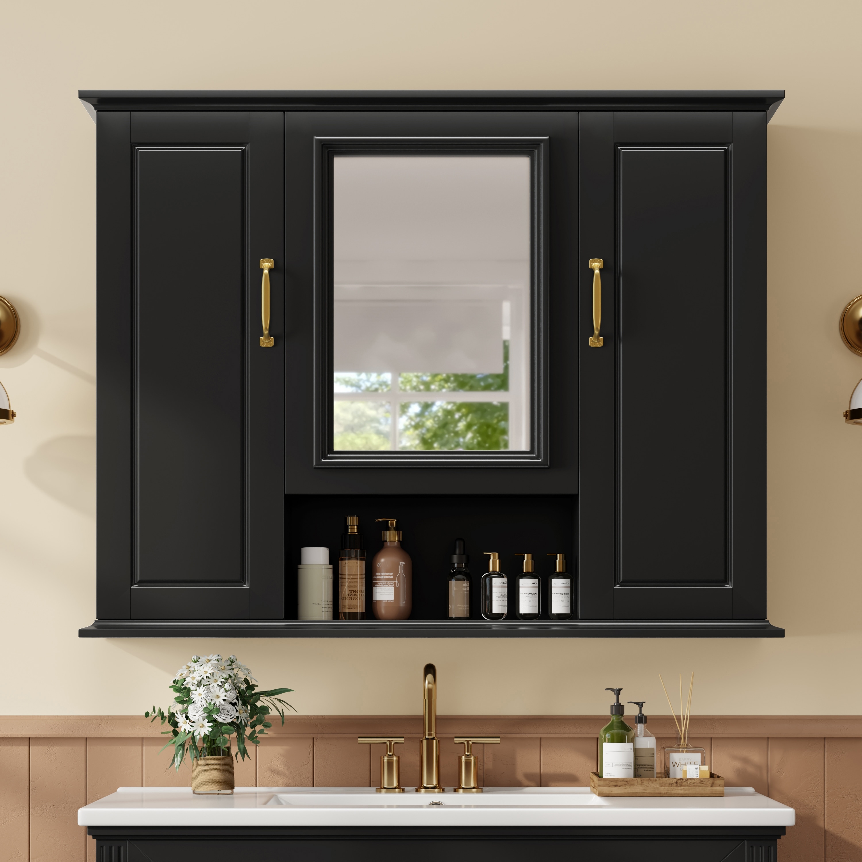 Roomfitters 36" Bathroom Medicine Cabinet, Textured Wall Mounted Mirror Cabinet with 3 Doors & Open Shelf