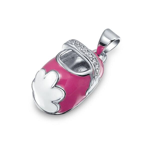 Shoe Charm Pendant Necklace For New Mother Women Pink Enamel Cubic Zirconia CZ Heart Engravable 925 Sterling Silver 