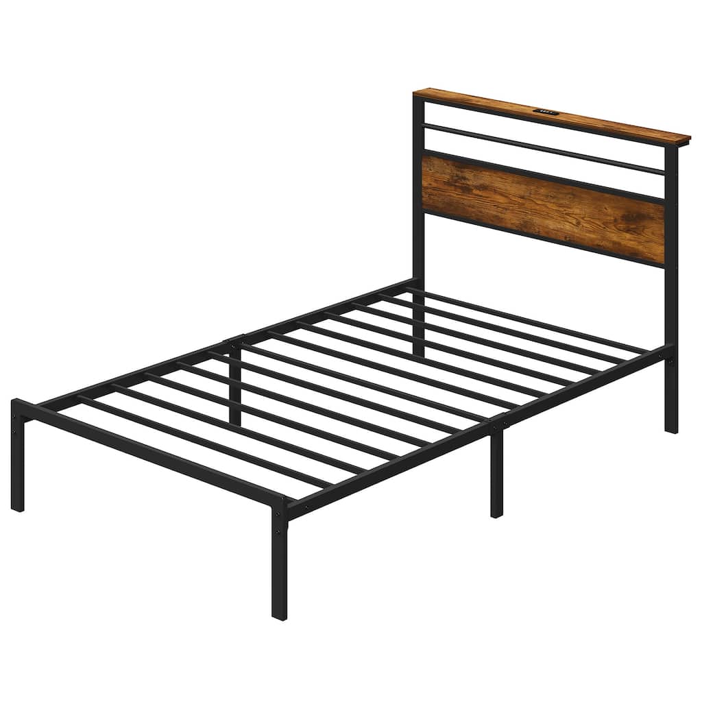 Vintage Industrial Bed Frame with Storage & LED Lights