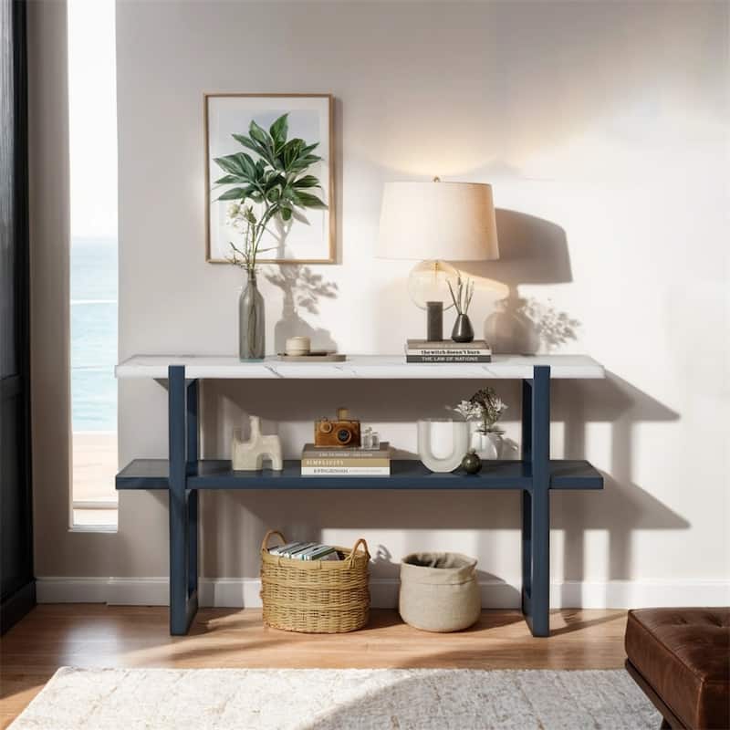 Retro Elegant Console Table with Marble-Effect Top & Versatile Storage