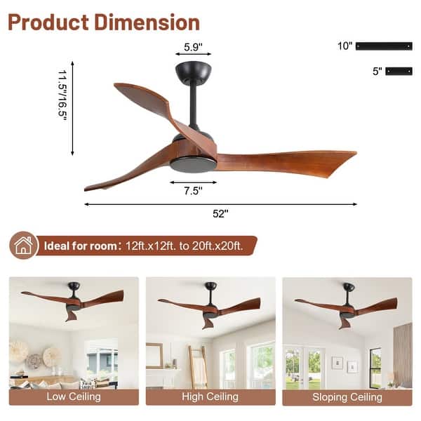 dimension image slide 3 of 15, Sofucor 52''/60" Large Ceiling Fan without Lights, Remote Control and Reversible Motor Included, Smart Optinal