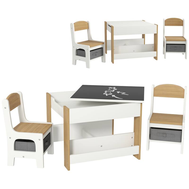 3 Piece Kids Table and Chair Set,2 in 1 Toddler Table and Chair Set with Reversible Tabletop Blackboard - Natural Wood